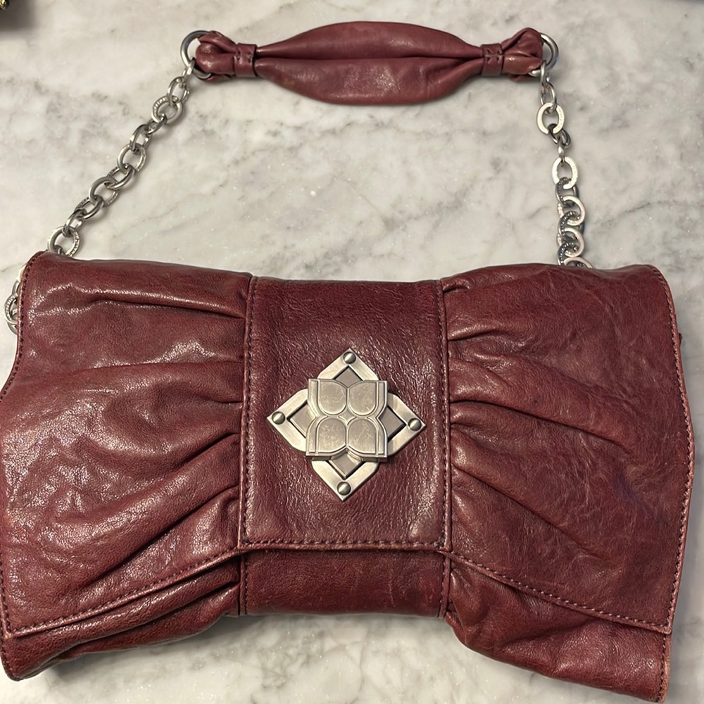 BCBG maxazria bow clutch evening bag leather or shoulder strap turn lock